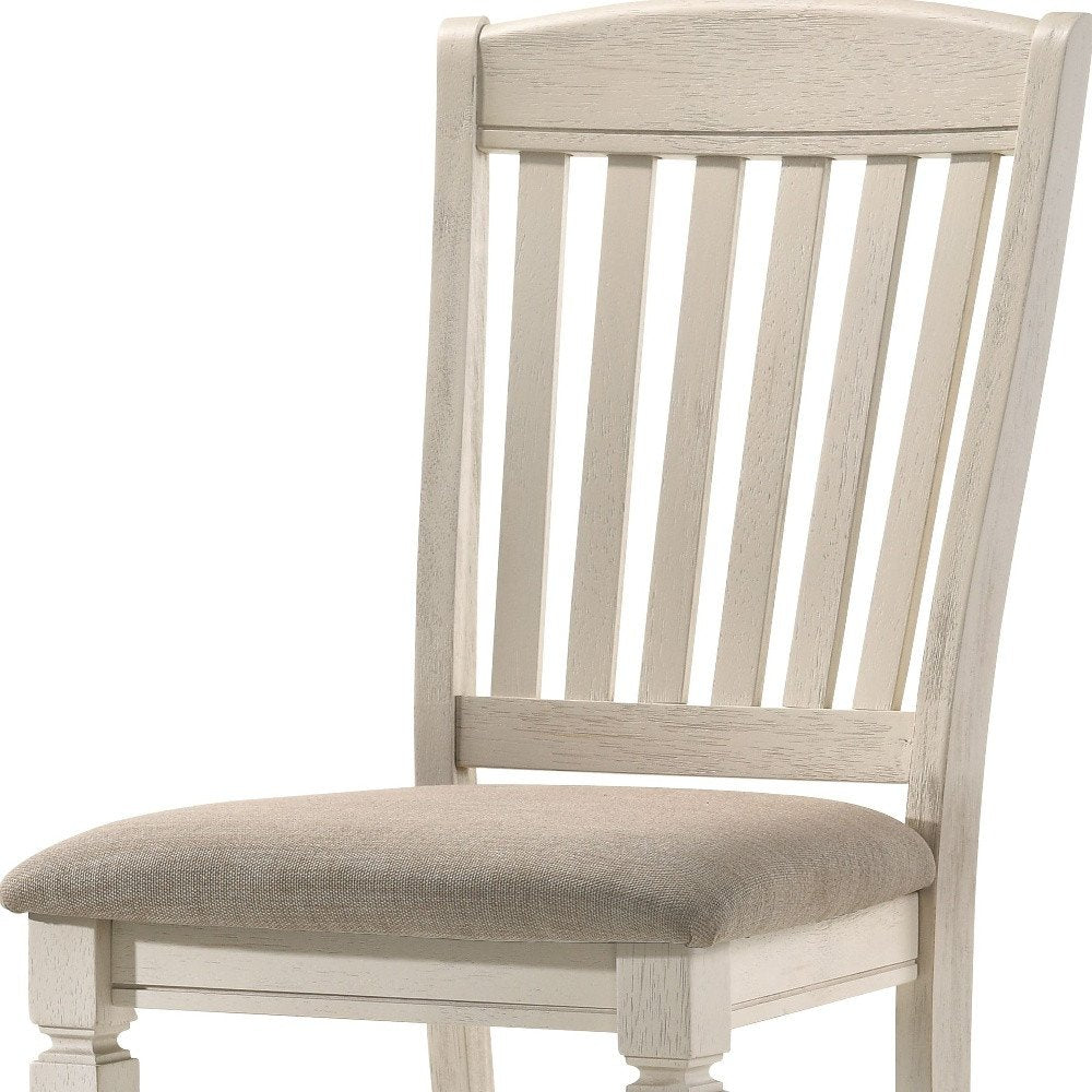 Set of Two Tan And Cream Fabric And Solid Wood Slat Back Dining Side Chairs