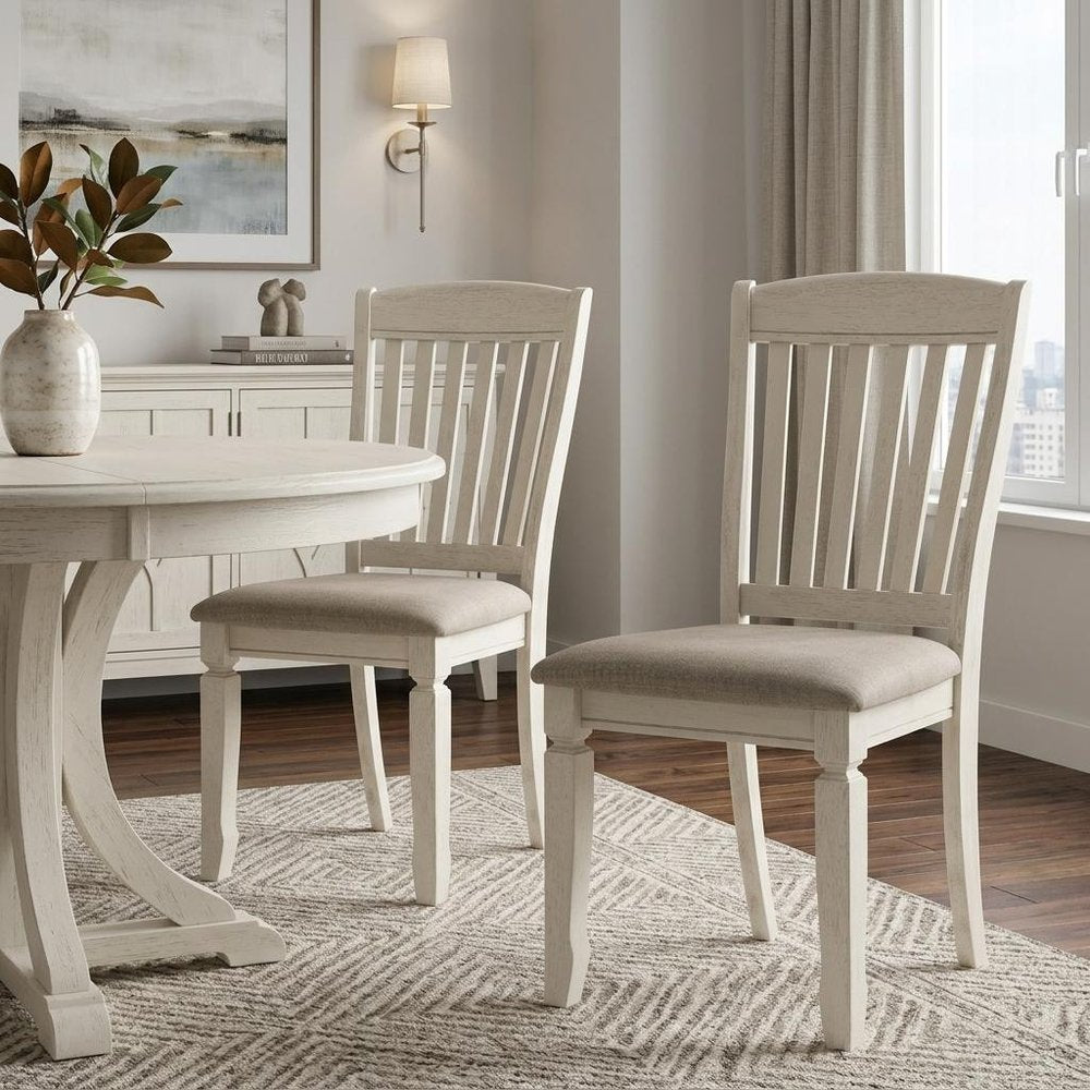 Set of Two Tan And Cream Fabric And Solid Wood Slat Back Dining Side Chairs