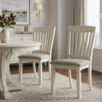 Set of Two Tan And Cream Fabric And Solid Wood Slat Back Dining Side Chairs