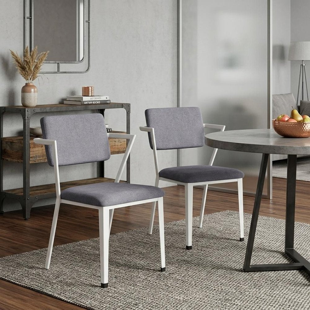 Set of Two Gray And White Fabric And Metal Partially Open Back Dining Side Chairs