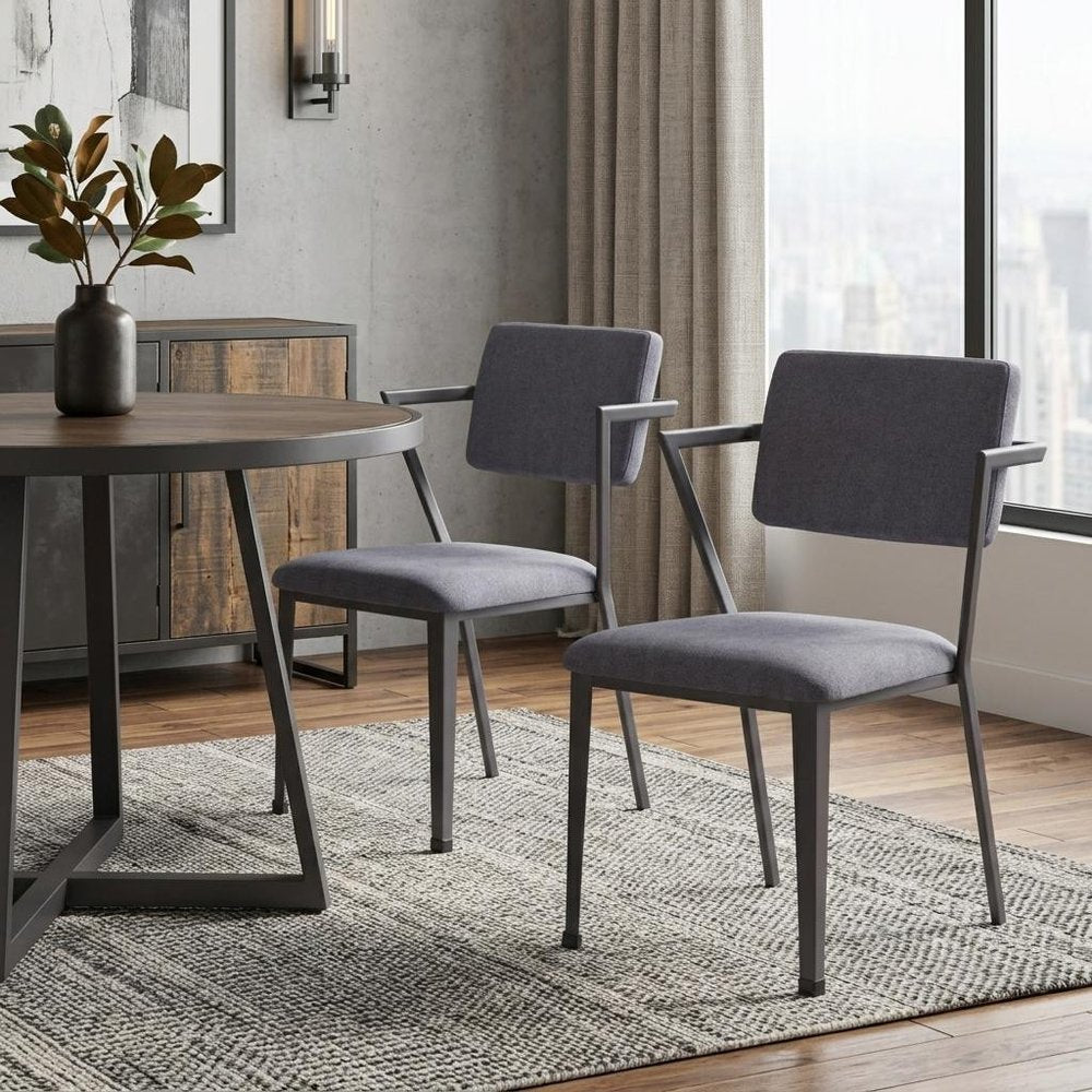 Set of Two Gray And Gunmetal Fabric And Metal Open Back Dining Side Chairs