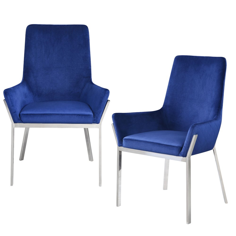 Set of Two Blue And Silver Tufted Velvet And Metal Dining Side Chairs