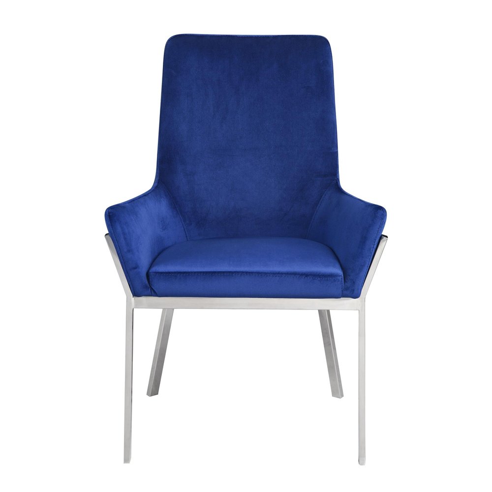 Set of Two Blue And Silver Tufted Velvet And Metal Dining Side Chairs