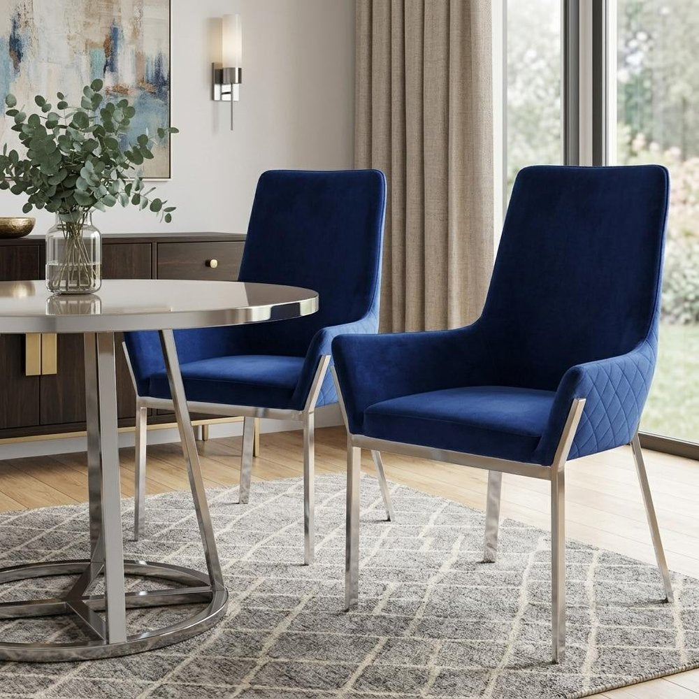 Set of Two Blue And Silver Tufted Velvet And Metal Dining Side Chairs