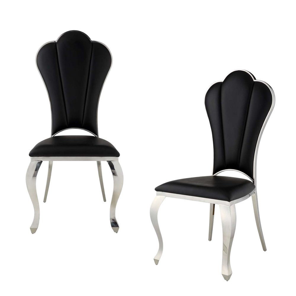 Set of Two Black And Silver Faux Leather And Stainless Steel Dining Side Chairs