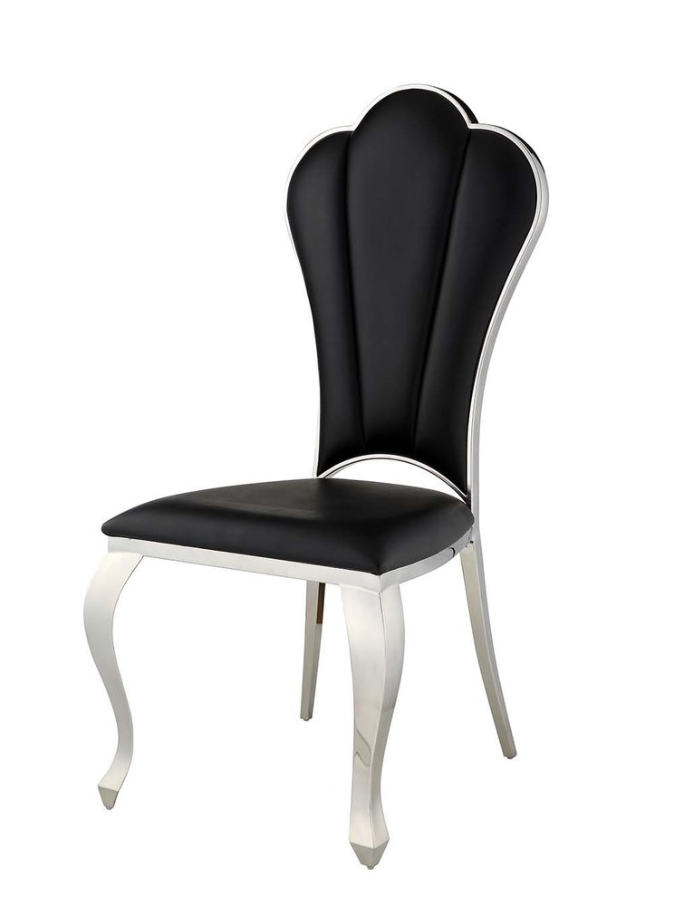 Set of Two Black And Silver Faux Leather And Stainless Steel Dining Side Chairs