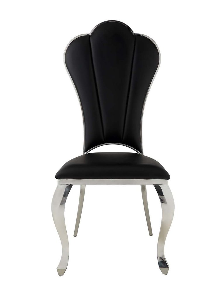Set of Two Black And Silver Faux Leather And Stainless Steel Dining Side Chairs