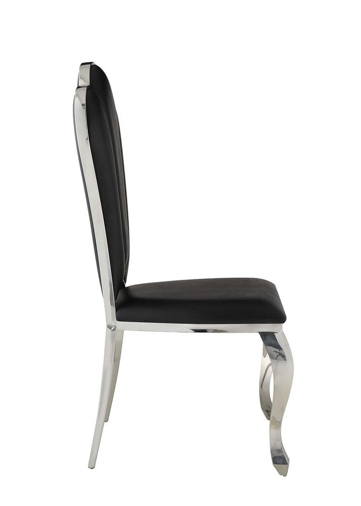 Set of Two Black And Silver Faux Leather And Stainless Steel Dining Side Chairs