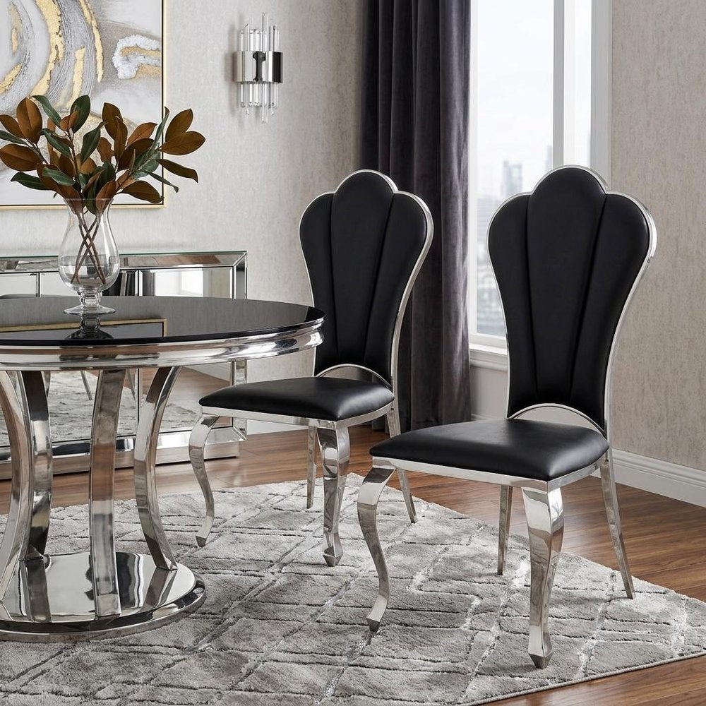 Set of Two Black And Silver Faux Leather And Stainless Steel Dining Side Chairs