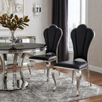 Set of Two Black And Silver Faux Leather And Stainless Steel Dining Side Chairs