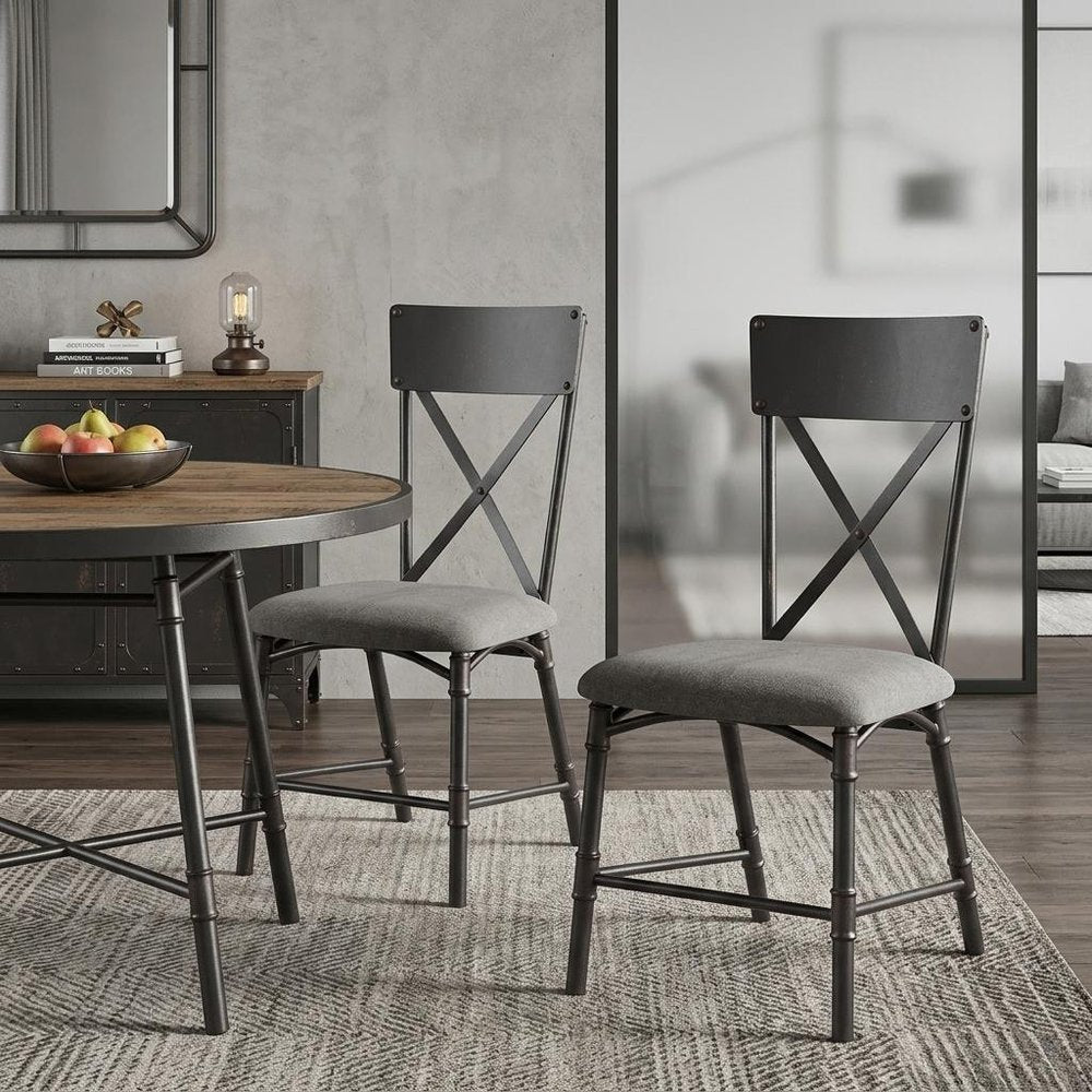 Set of Two Gray And Black Fabric And Metal Cross Back Dining Side Chairs