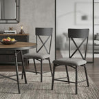 Set of Two Gray And Black Fabric And Metal Cross Back Dining Side Chairs