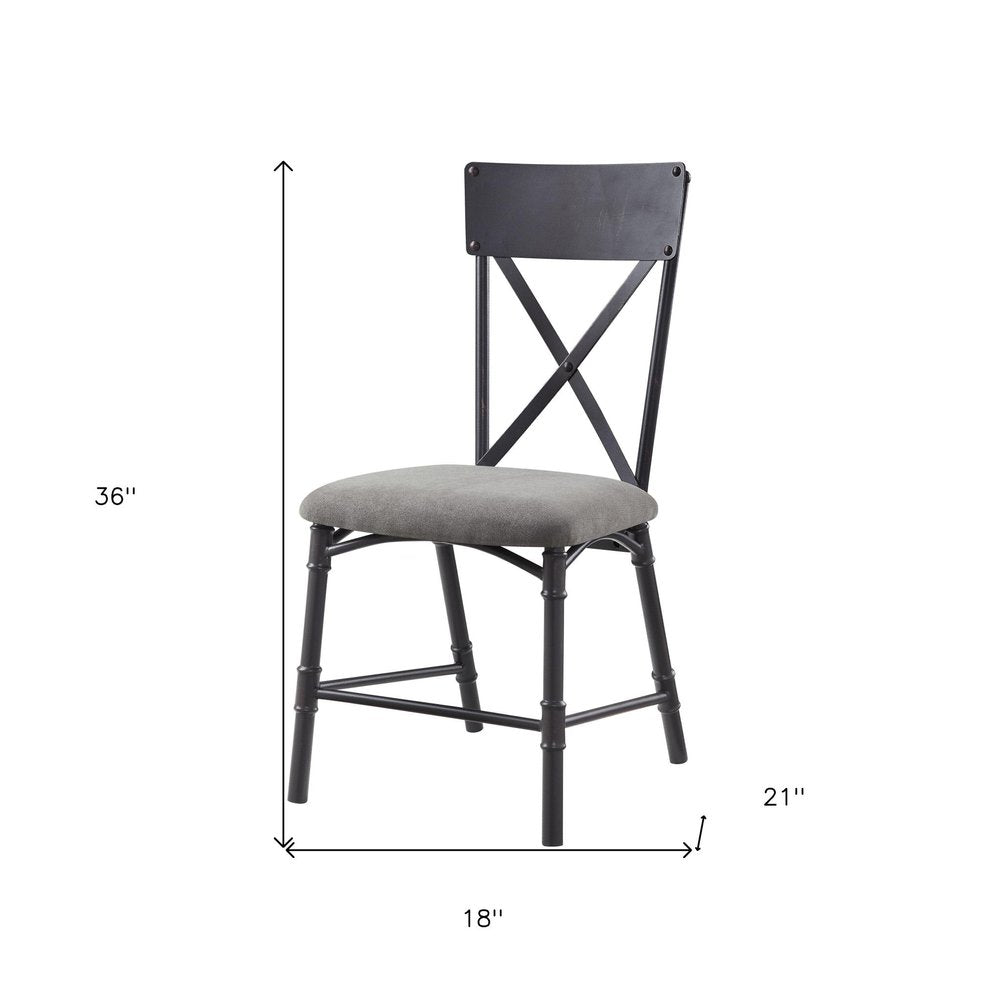 Set of Two Gray And Black Fabric And Metal Cross Back Dining Side Chairs