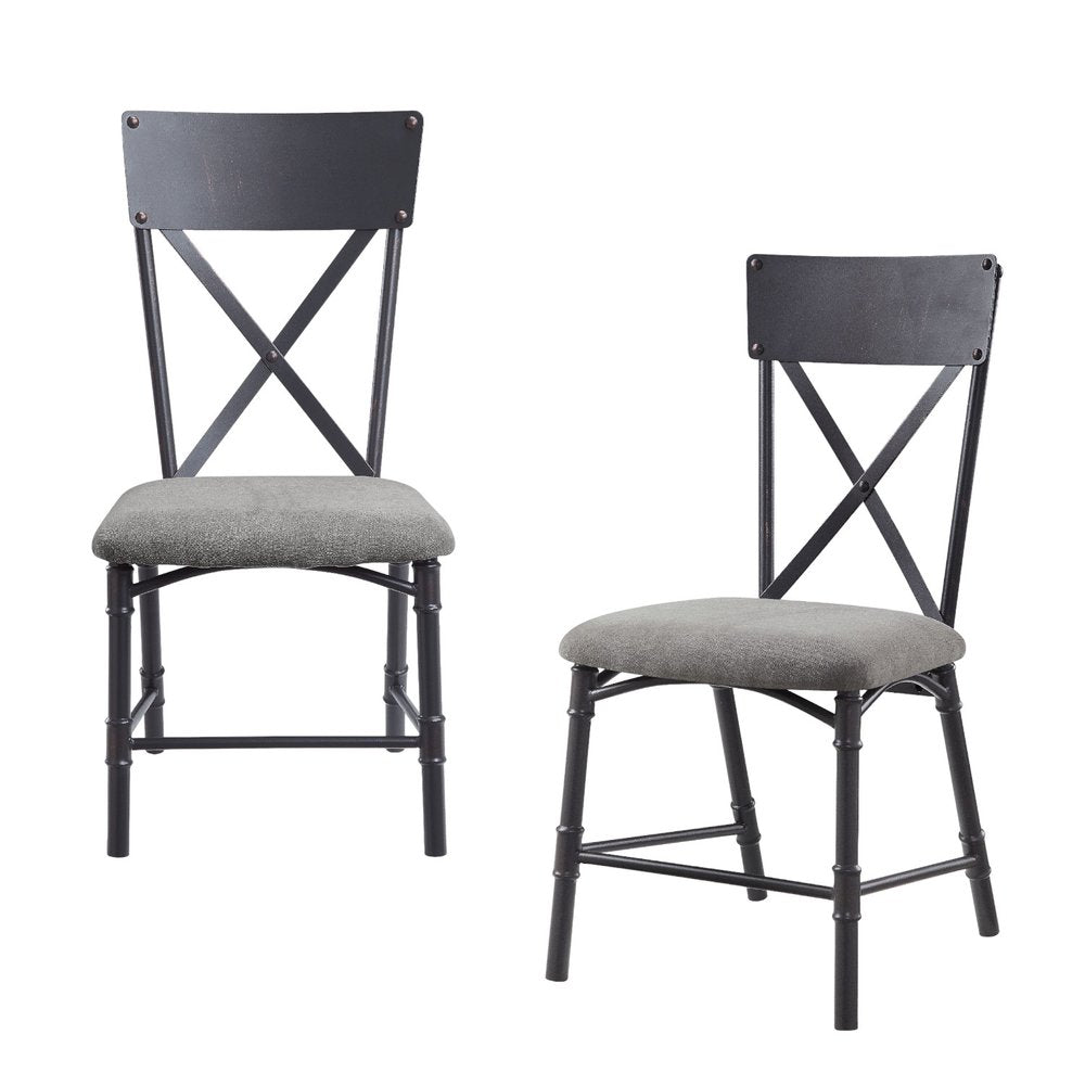 Set of Two Gray And Black Fabric And Metal Cross Back Dining Side Chairs