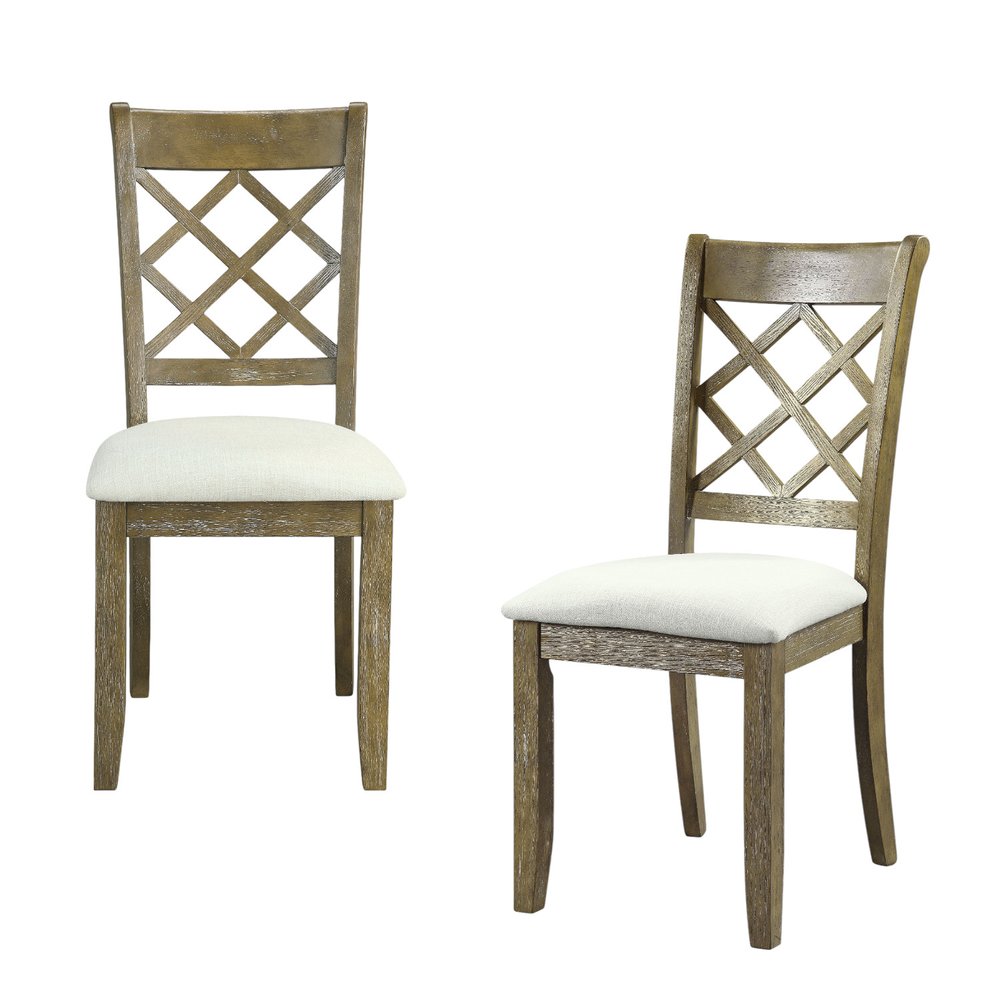 Set of Two Beige And Oak Linen And Solid Wood Cross Back Dining Side Chairs