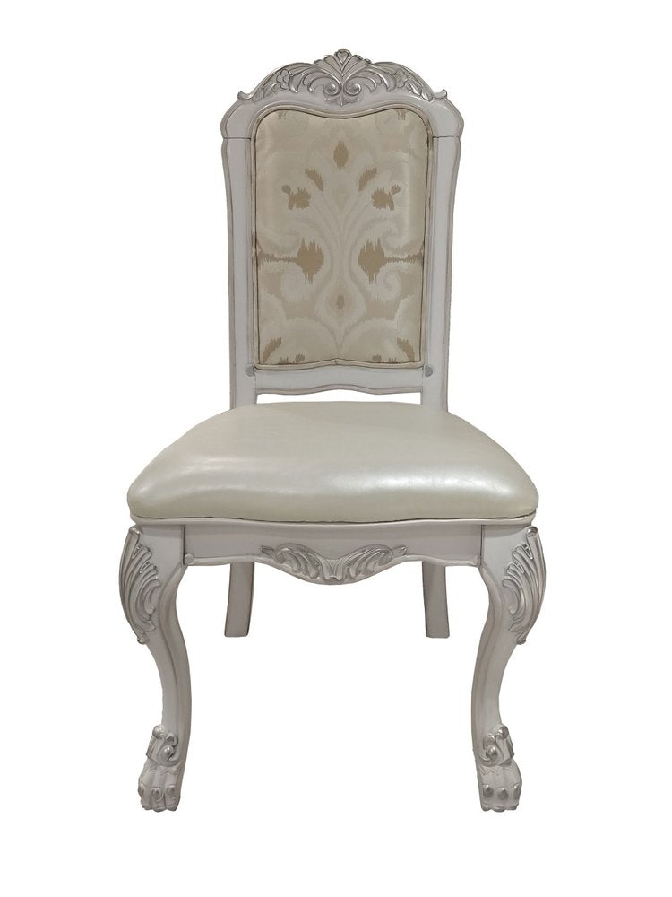 Set of Two White Fabric And Faux Leather And Wood Floral Print Dining Side Chairs