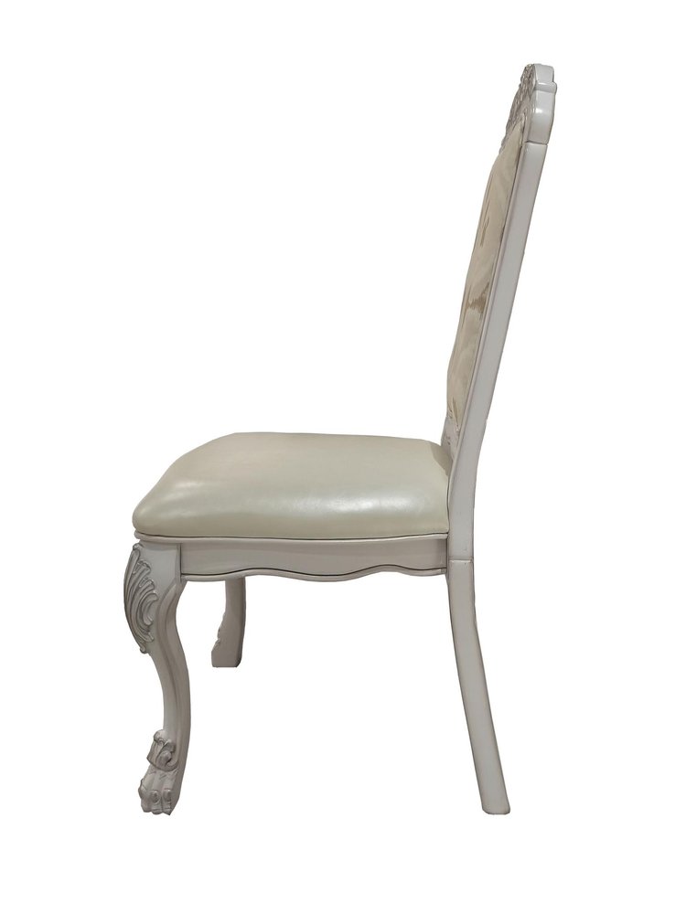 Set of Two White Fabric And Faux Leather And Wood Floral Print Dining Side Chairs