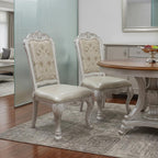 Set of Two White Fabric And Faux Leather And Wood Floral Print Dining Side Chairs