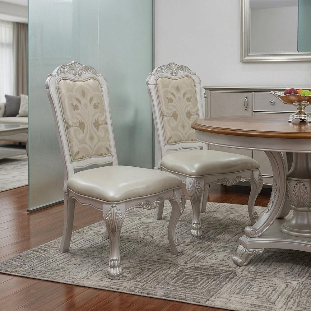 Set of Two White Fabric And Faux Leather And Wood Floral Print Dining Side Chairs