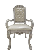 Set of Two Tufted White Upholstered Faux Leather And Wood Dining Arm Chairs
