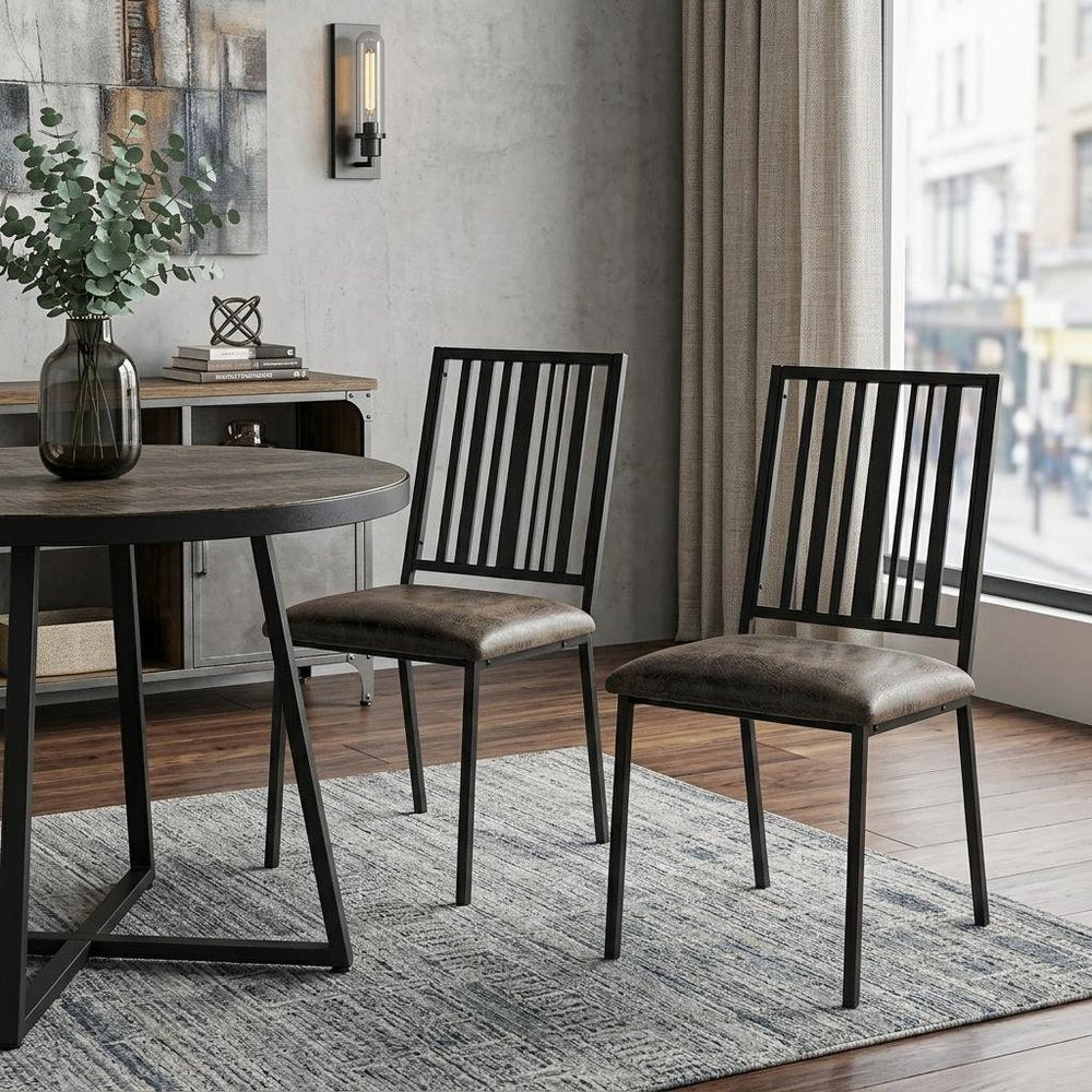 Set of Two Black Faux Leather And Metal Slat Back Dining Side Chairs