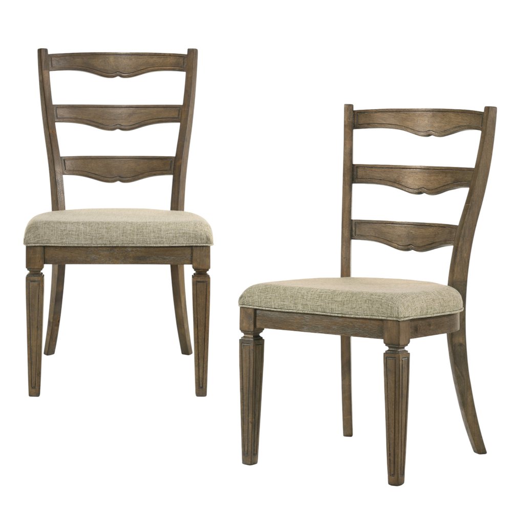 Set of Two Beige And Oak Fabric And Solid Wood Ladder Back Dining Side Chairs
