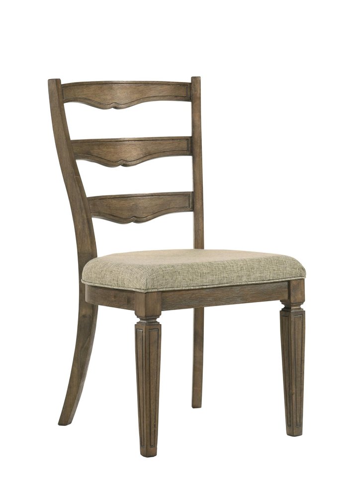 Set of Two Beige And Oak Fabric And Solid Wood Ladder Back Dining Side Chairs