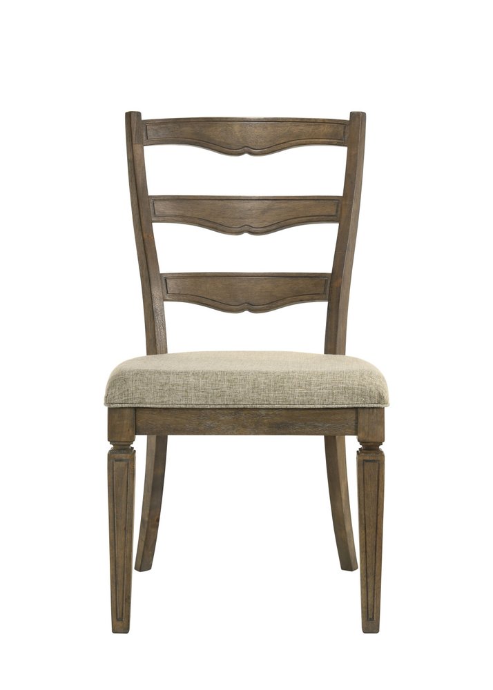 Set of Two Beige And Oak Fabric And Solid Wood Ladder Back Dining Side Chairs