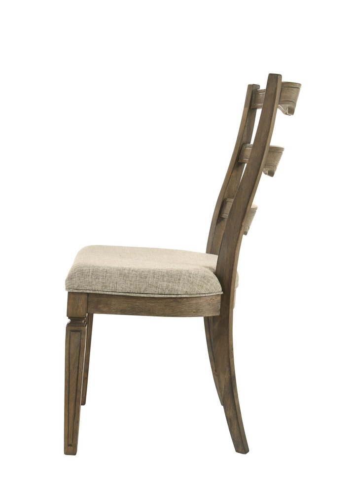 Set of Two Beige And Oak Fabric And Solid Wood Ladder Back Dining Side Chairs