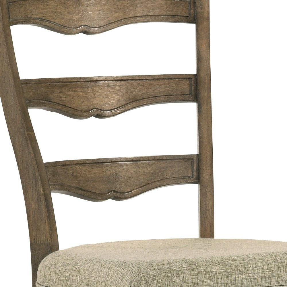 Set of Two Beige And Oak Fabric And Solid Wood Ladder Back Dining Side Chairs