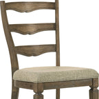 Set of Two Beige And Oak Fabric And Solid Wood Ladder Back Dining Side Chairs