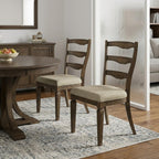 Set of Two Beige And Oak Fabric And Solid Wood Ladder Back Dining Side Chairs