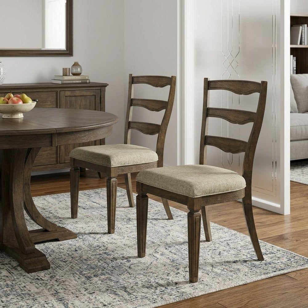 Set of Two Beige And Oak Fabric And Solid Wood Ladder Back Dining Side Chairs