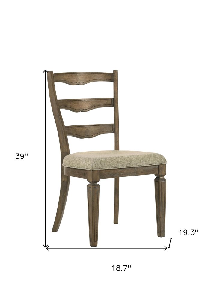 Set of Two Beige And Oak Fabric And Solid Wood Ladder Back Dining Side Chairs