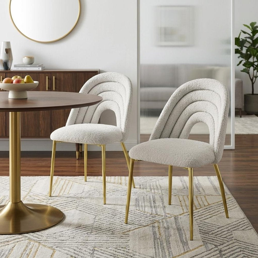 Set of Two Beige And Gold Faux Shearling And Steel Partially Open Back Dining Side Chairs