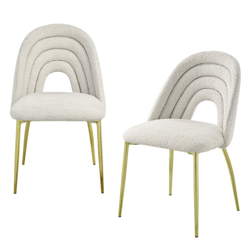 Set of Two Beige And Gold Faux Shearling And Steel Partially Open Back Dining Side Chairs