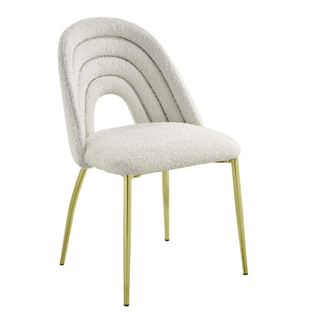 Set of Two Beige And Gold Faux Shearling And Steel Partially Open Back Dining Side Chairs