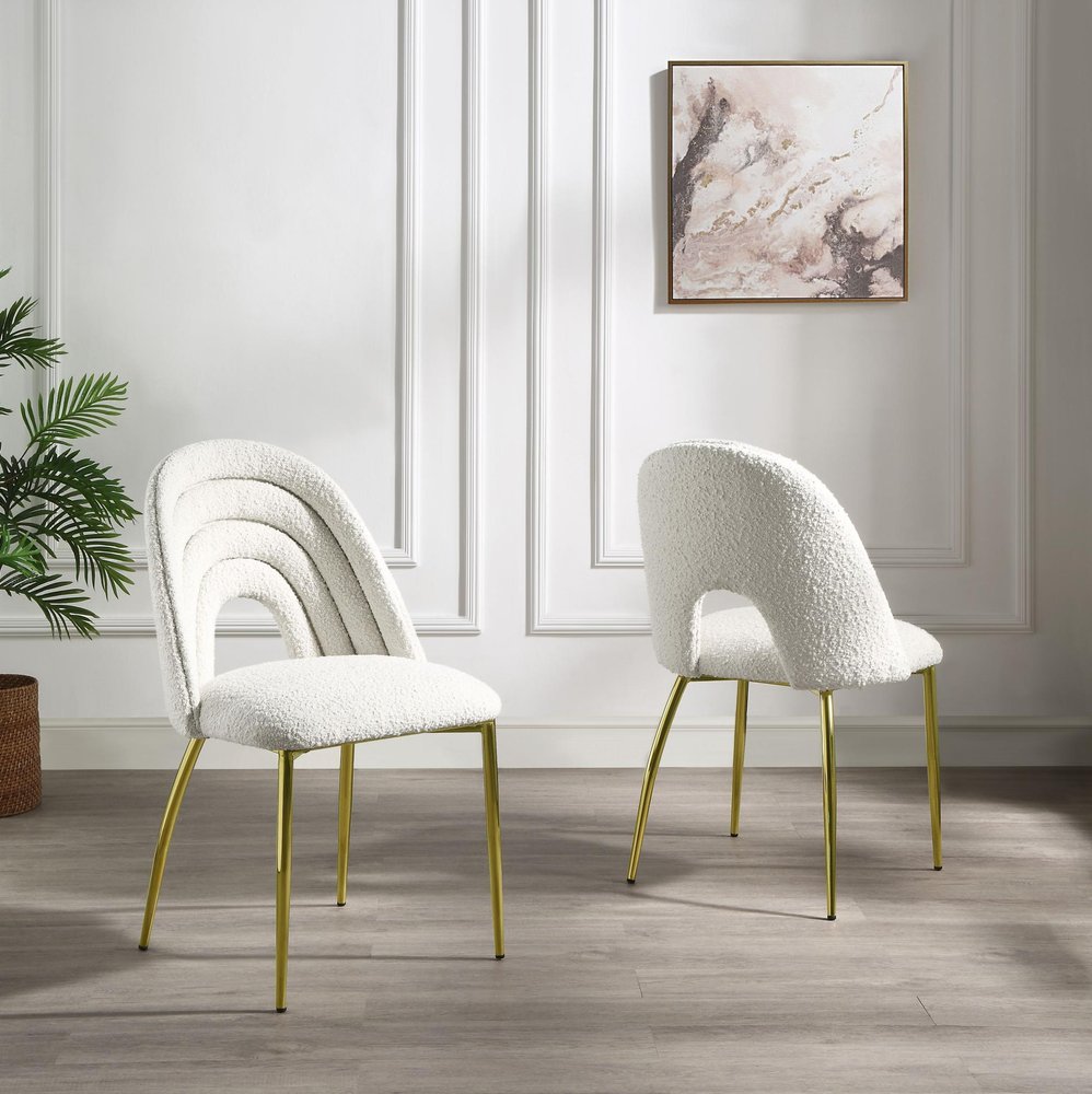 Set of Two Beige And Gold Faux Shearling And Steel Partially Open Back Dining Side Chairs