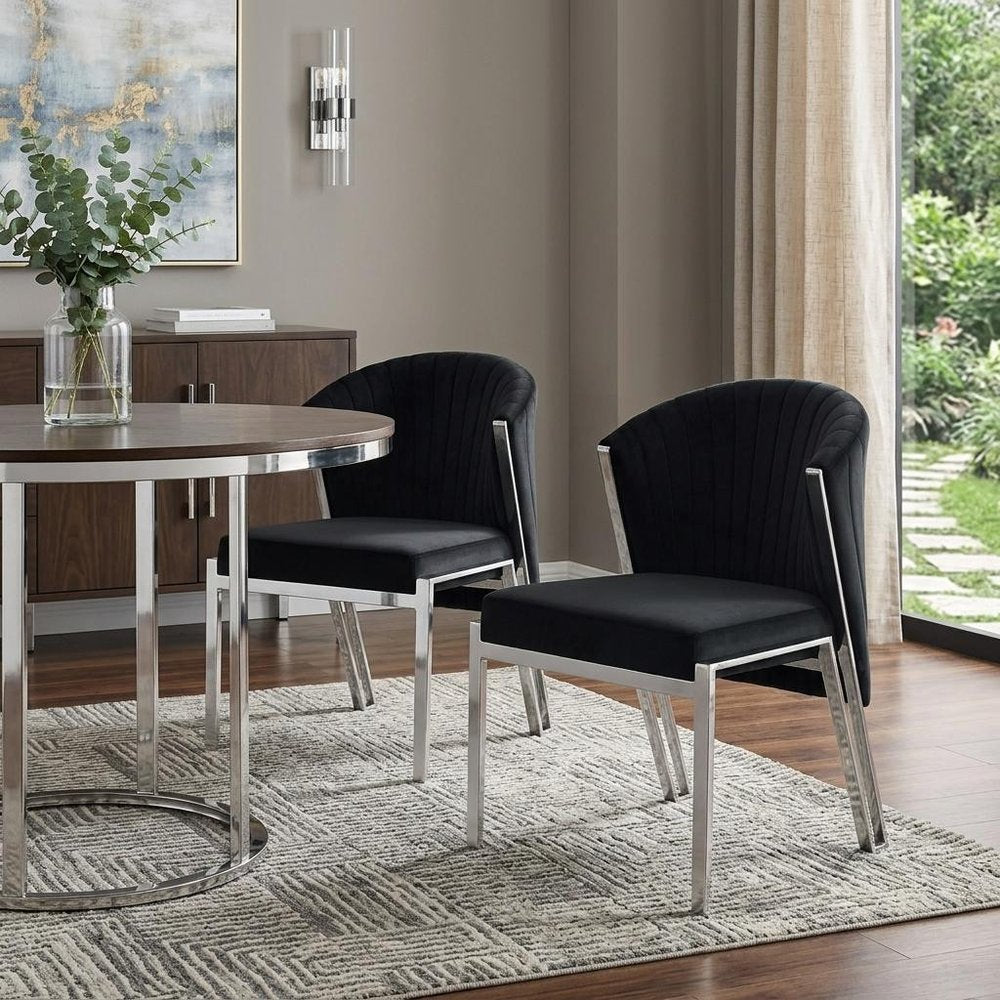 Set of Two Black And Silver Velvet And Steel Dining Side Chairs