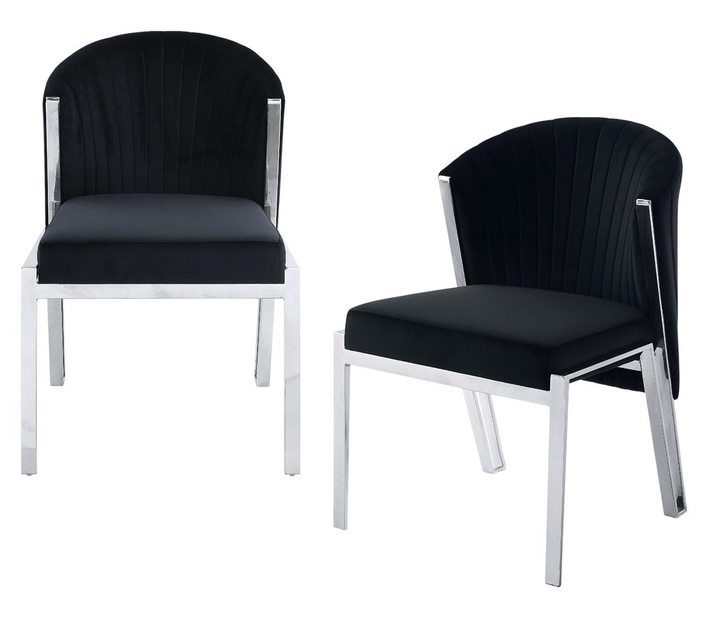 Set of Two Black And Silver Velvet And Steel Dining Side Chairs