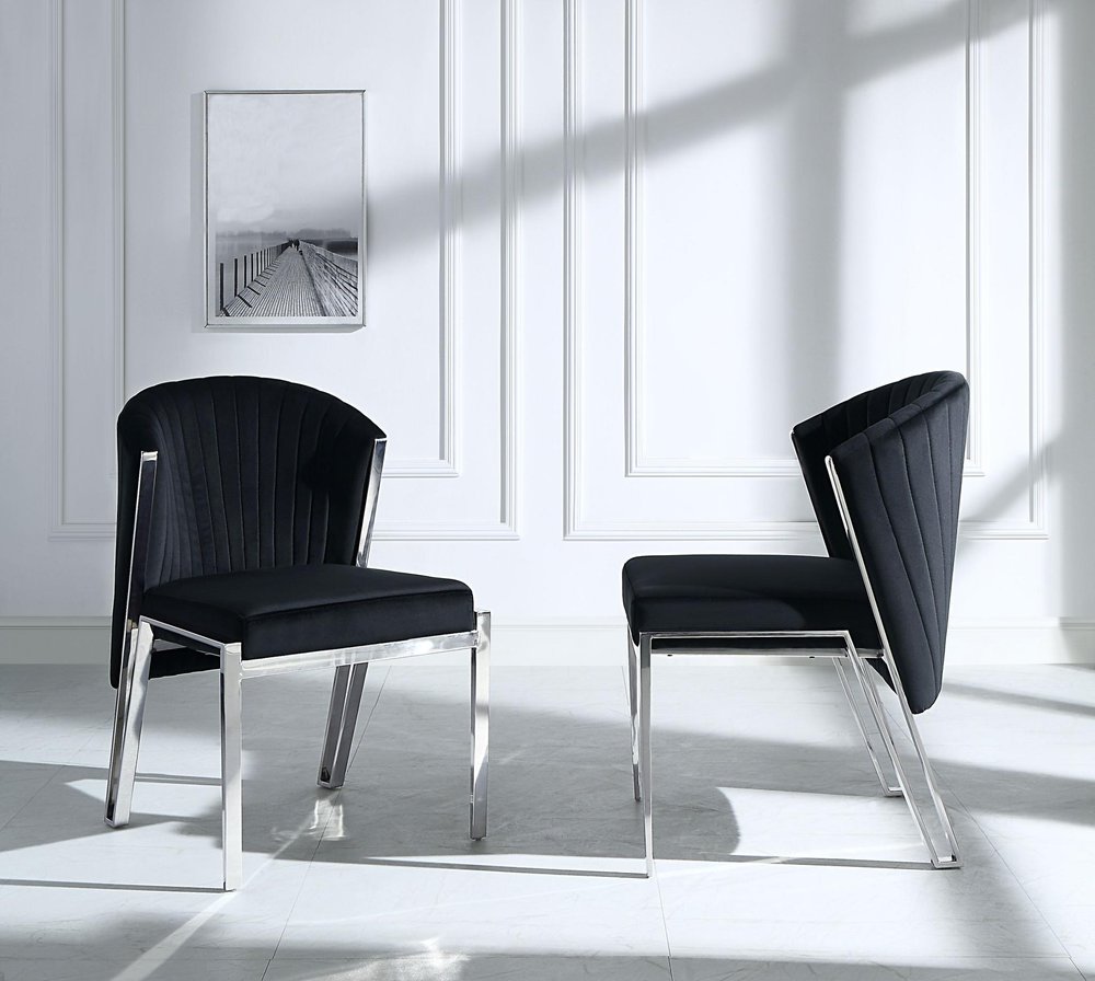 Set of Two Black And Silver Velvet And Steel Dining Side Chairs