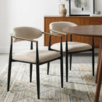 Set of Two Beige And Black Upholstered Fabric Open Back Dining Arm Chairs