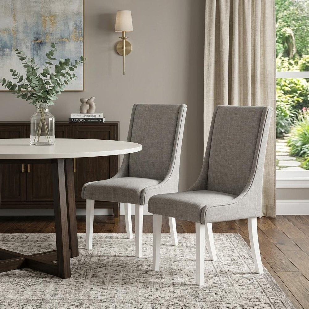 Set of Two Gray And White Linen And Solid Wood Dining Side Chairs