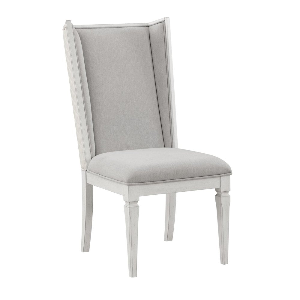 Set of Two Light Gray And White Linen And Solid Wood Dining Side Chairs
