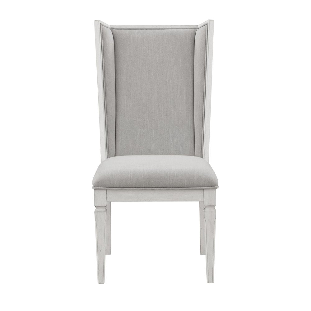 Set of Two Light Gray And White Linen And Solid Wood Dining Side Chairs