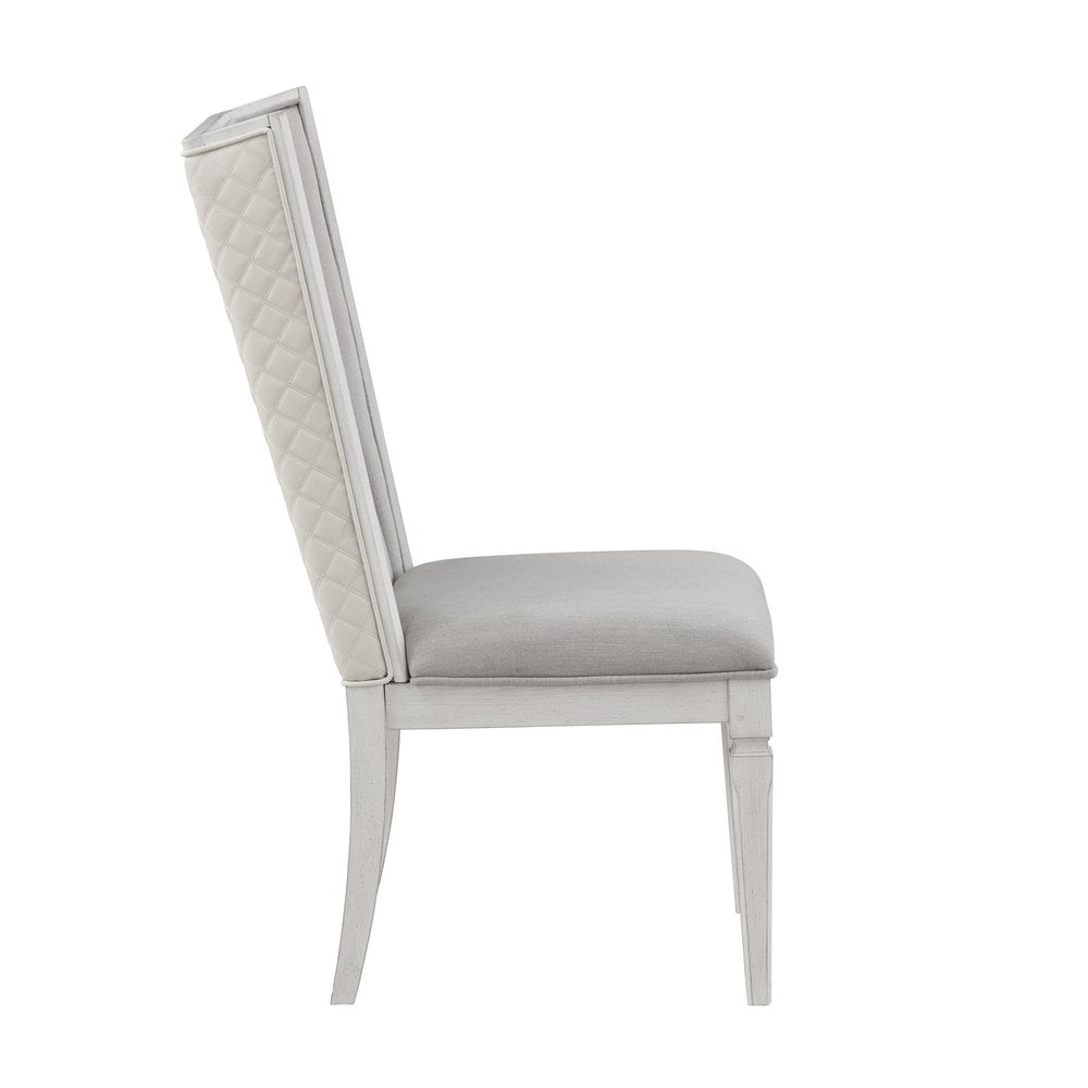 Set of Two Light Gray And White Linen And Solid Wood Dining Side Chairs