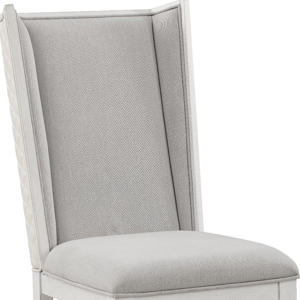 Set of Two Light Gray And White Linen And Solid Wood Dining Side Chairs