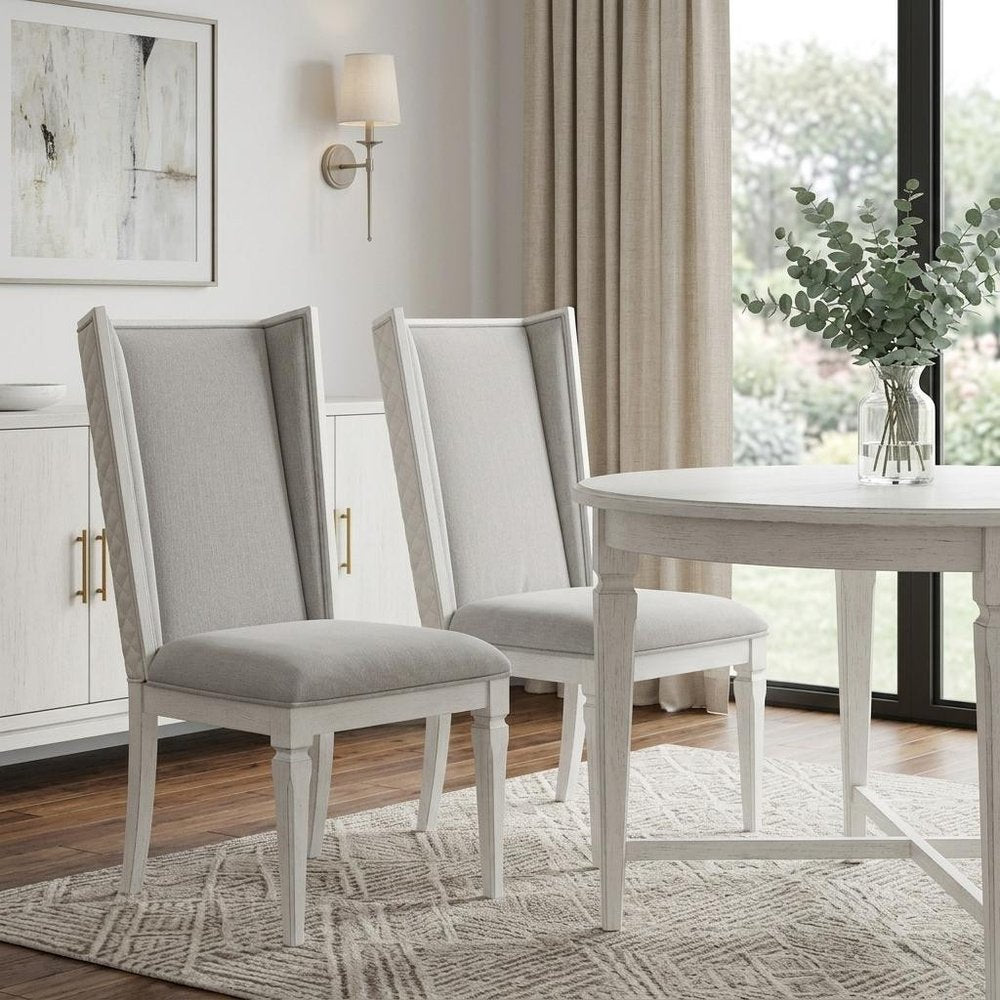 Set of Two Light Gray And White Linen And Solid Wood Dining Side Chairs