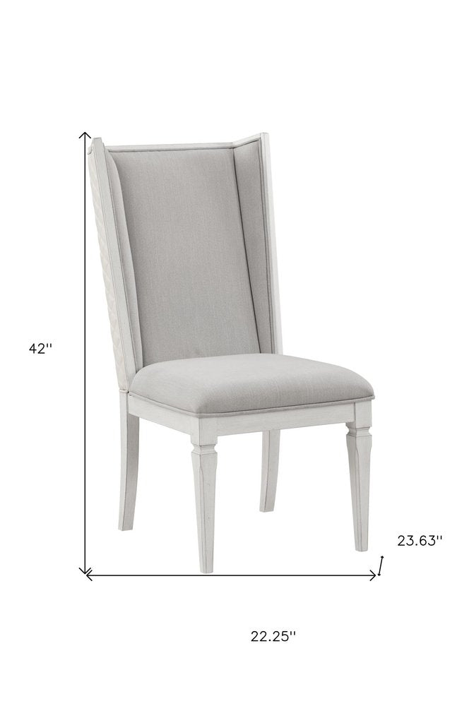 Set of Two Light Gray And White Linen And Solid Wood Dining Side Chairs