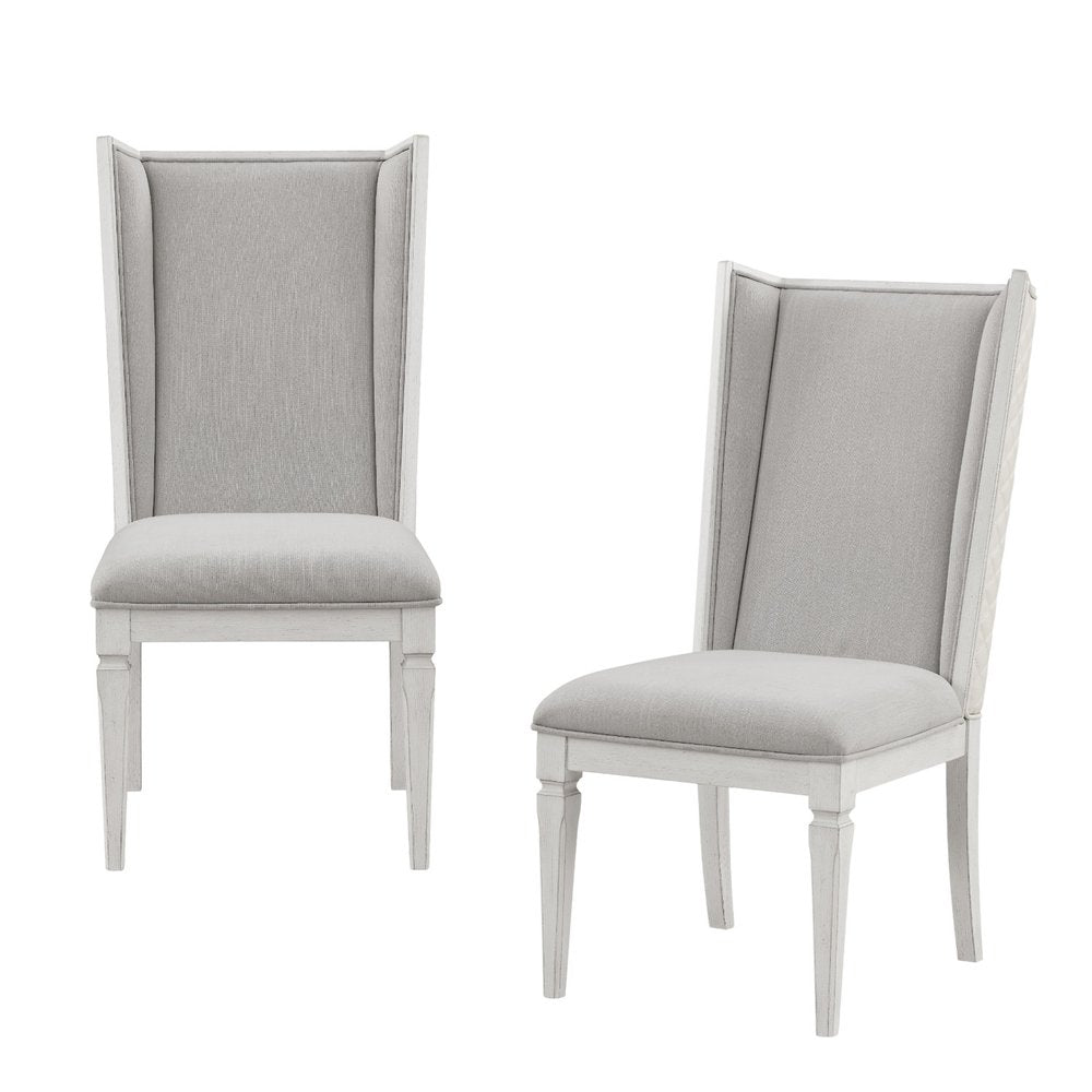 Set of Two Light Gray And White Linen And Solid Wood Dining Side Chairs